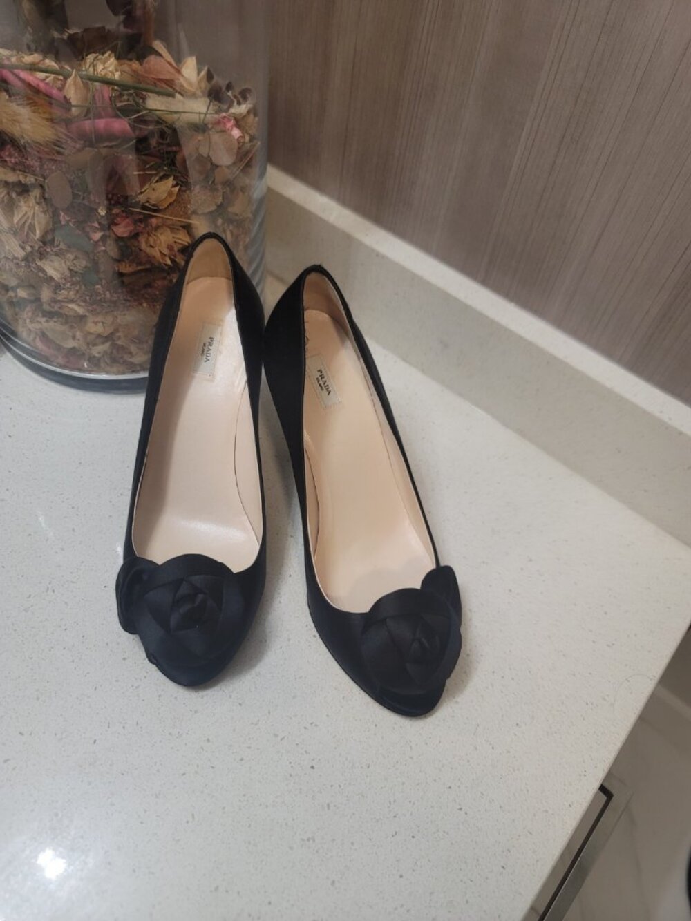 Prada Black Satin Peep-Toe Heels Pumps Rosette Made In Italy Women's Size 36/5.5
